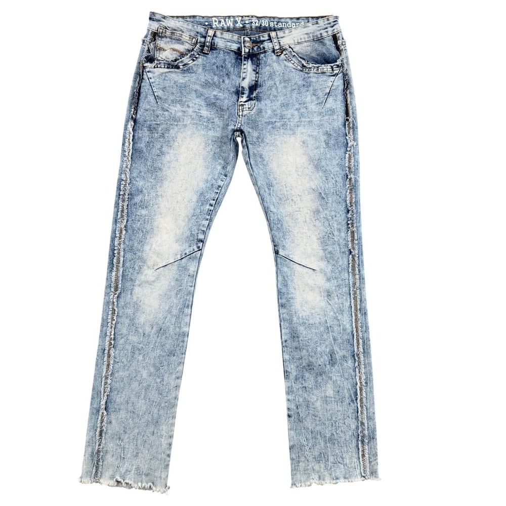 Raw X Men 32x30 Standard Fit Acid Wash Distressed Frayed Denim Jeans Light Blue